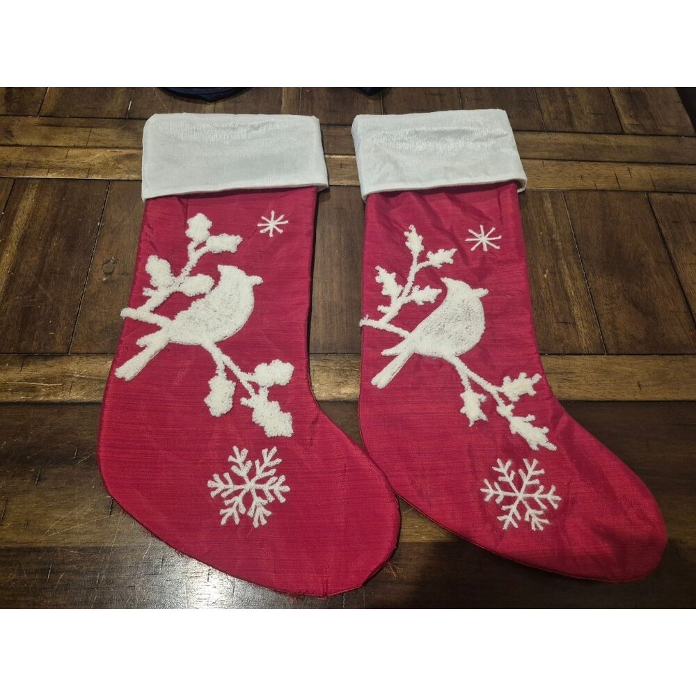 Red Christmas Stocking Pair With White Bird & Snowflake Design